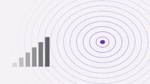 Concentric elliptical rings radiating from a solid centre point, beside a stepped series of rising bars.