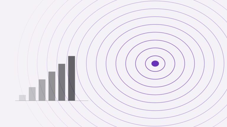 Concentric elliptical rings radiating from a solid centre point, beside a stepped series of rising bars.