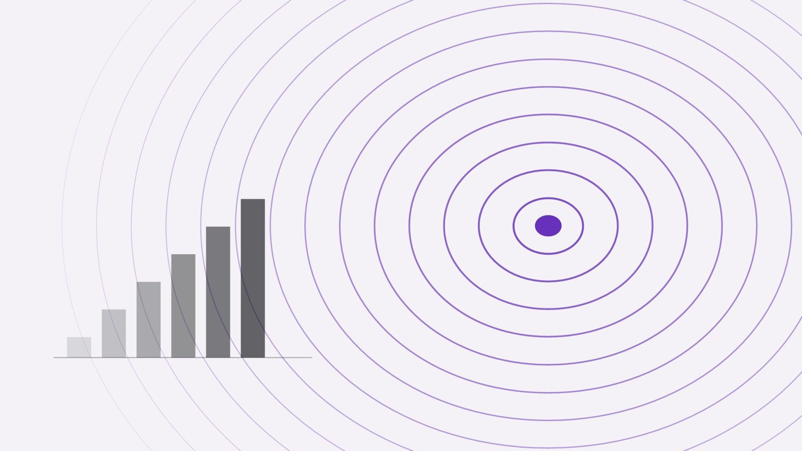 Concentric elliptical rings radiating from a solid centre point, beside a stepped series of rising bars.